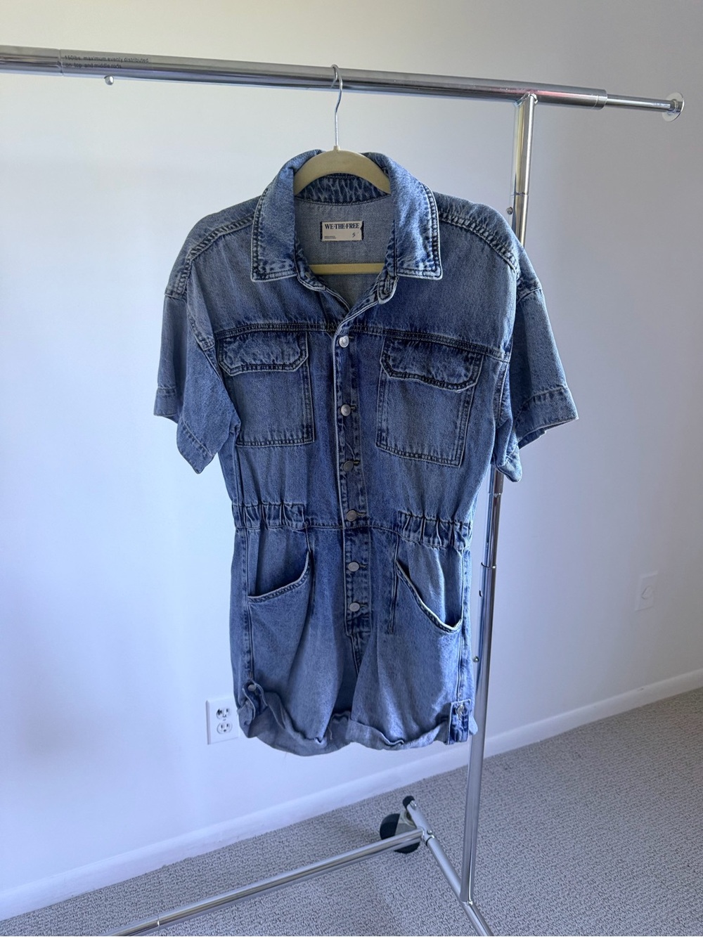 FREE PEOPLE Denim Short-Sleeve Romper Shirt - Blue